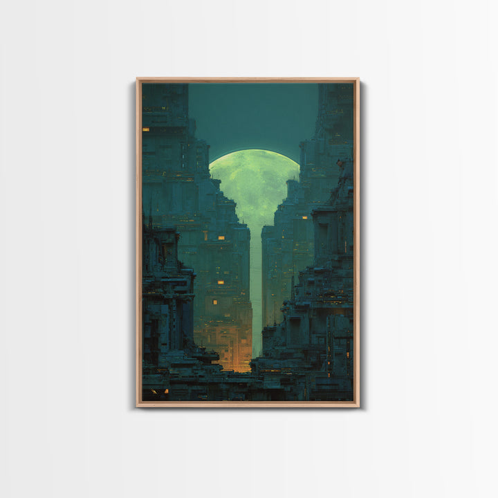 Dystopian Moon over Dense Rooftops Framed Canvas Print, Cyberpunk Art, Digital Wall Art, Living Room Decor, Watercolor Art, CYB-2x3-98