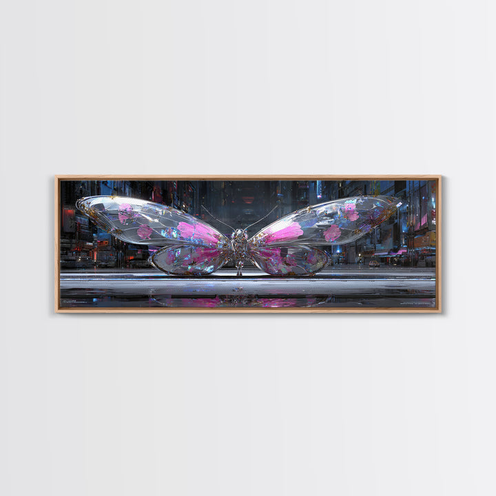 Holographic Butterfly over Black Metal Surface Canvas Print, Cyberpunk Art, Modern Wall Decor, Living Room Decor, Neon, CYB-3x1-11