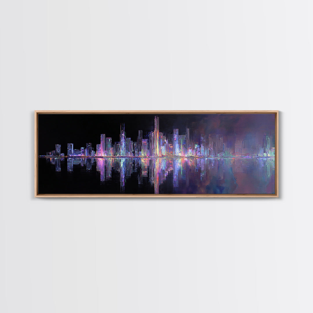 Neon Skyline Reflected Canvas Print, Cyberpunk Art, Modern Decor, Living Room Decor, Abstract Art, Neon, Poster, Wall Decor, CYB-3x1-14