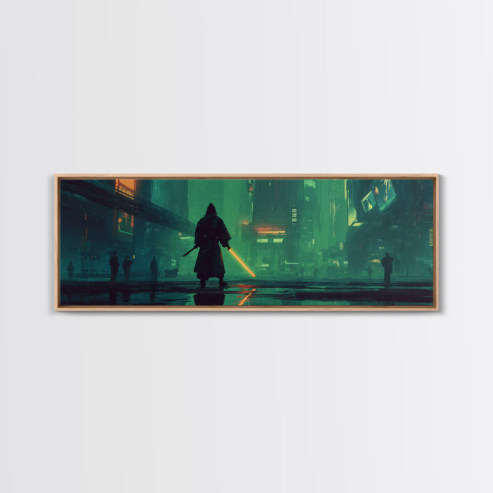 Neon Samurai Portrait Framed Canvas Print, Cyberpunk Art, Space Art, Living Room Decor, Oil Painting, Neon, Cyberpunk Wall Art, CYB-3x1-17