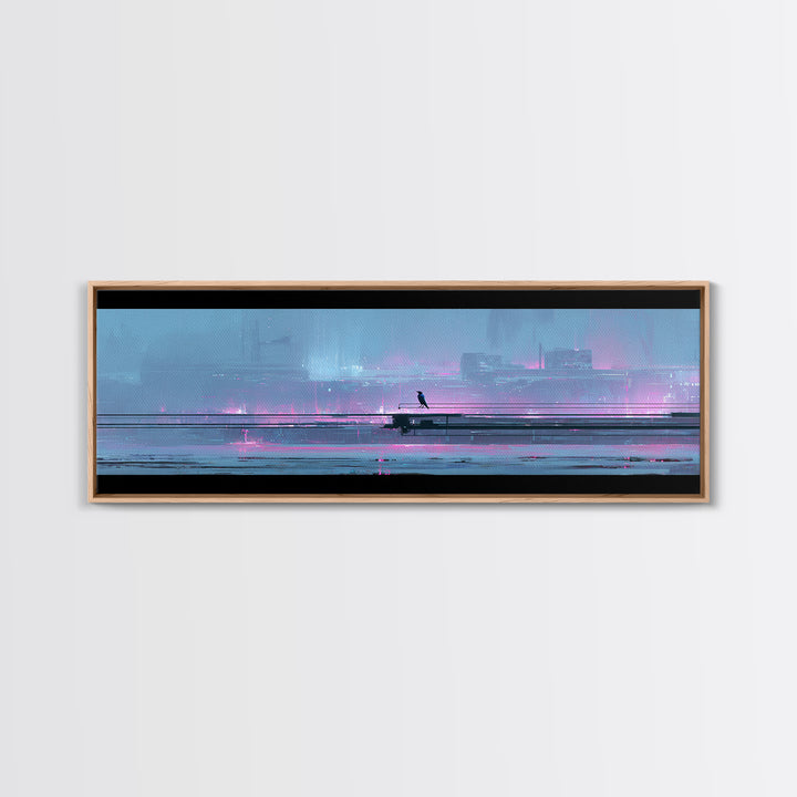 Cybernetic Raven Perched on a Cable Framed Canvas Print, Cyberpunk Art, Textured Painting, Living Room Decor, Fine Art, Neon, CYB-3x1-27