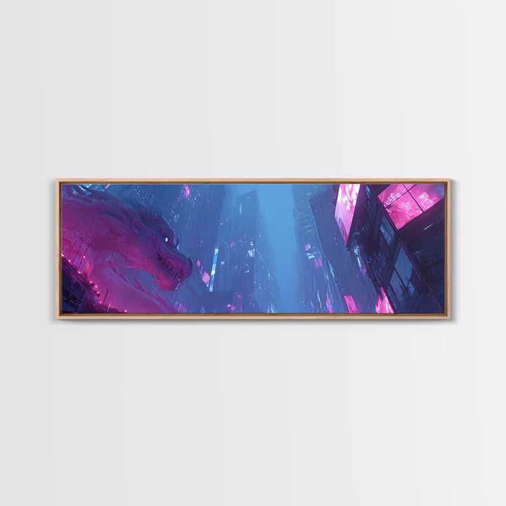 Neon Dragon Wrapped Around Skyscraper Shapes Canvas Print, Cyberpunk Art, Art Print, Living Room Decor, Abstract Art, Neon, CYB-3x1-30