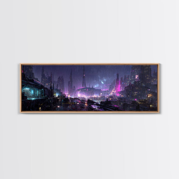 Dystopian Moon over Dense Rooftops Canvas Print, Cyberpunk Art, Canvas Wall Art, Living Room Decor, Abstract Art, Neon, CYB-3x1-34