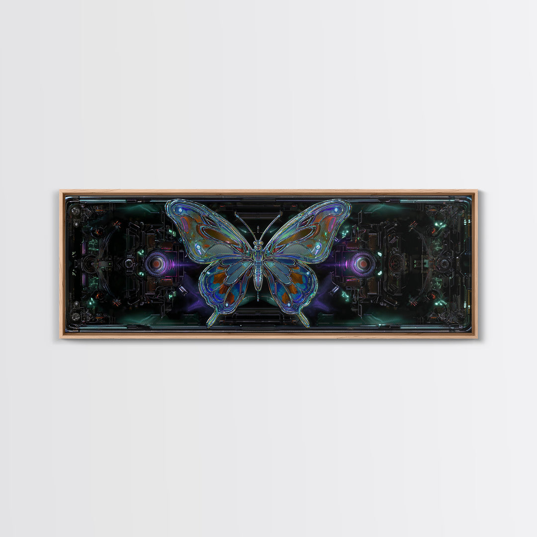 Holographic Butterfly over Black Metal Surface Canvas Print, Cyberpunk Art, Minimalist Decor, Living Room Decor, Fine Art, Neon, CYB-3x1-35