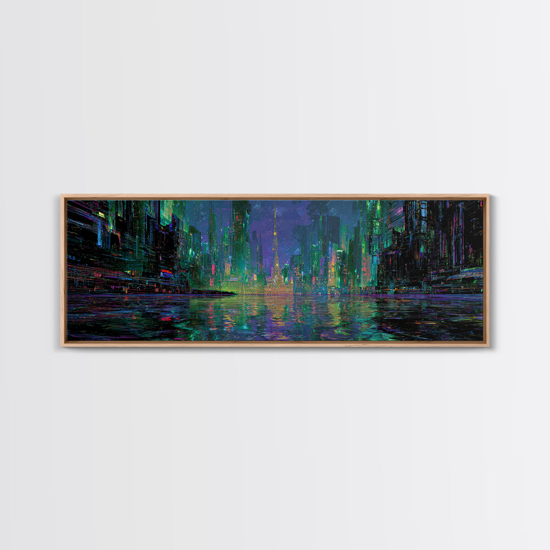 Neon Skyline Reflected Canvas Print, Cyberpunk Art, Abstract Art, Living Room Decor, Neon, Urban Wall Art, Cyberpunk Helmet, CYB-3x1-38
