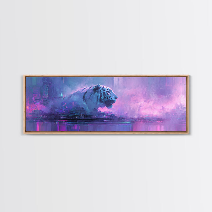 Neon Tiger Emerging from Digital Fog Canvas Print, Cyberpunk Art, Cyberpunk Helmet, Living Room Decor, Abstract Art, Neon, CYB-3x1-49