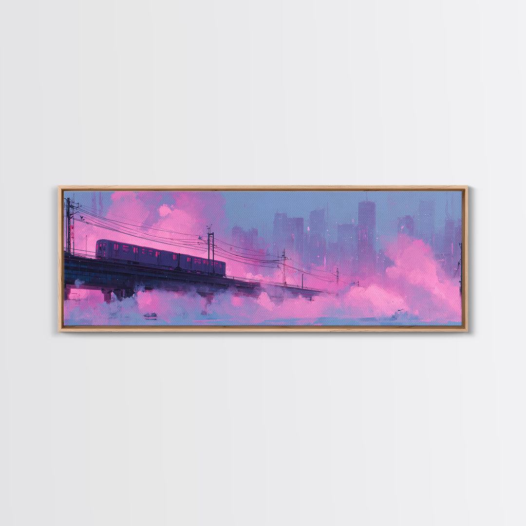 City Train Rushing Through Pink Electric Haze Framed Canvas Print, Cyberpunk Art, Japanese Art, Living Room Decor, CYB-3x1-5