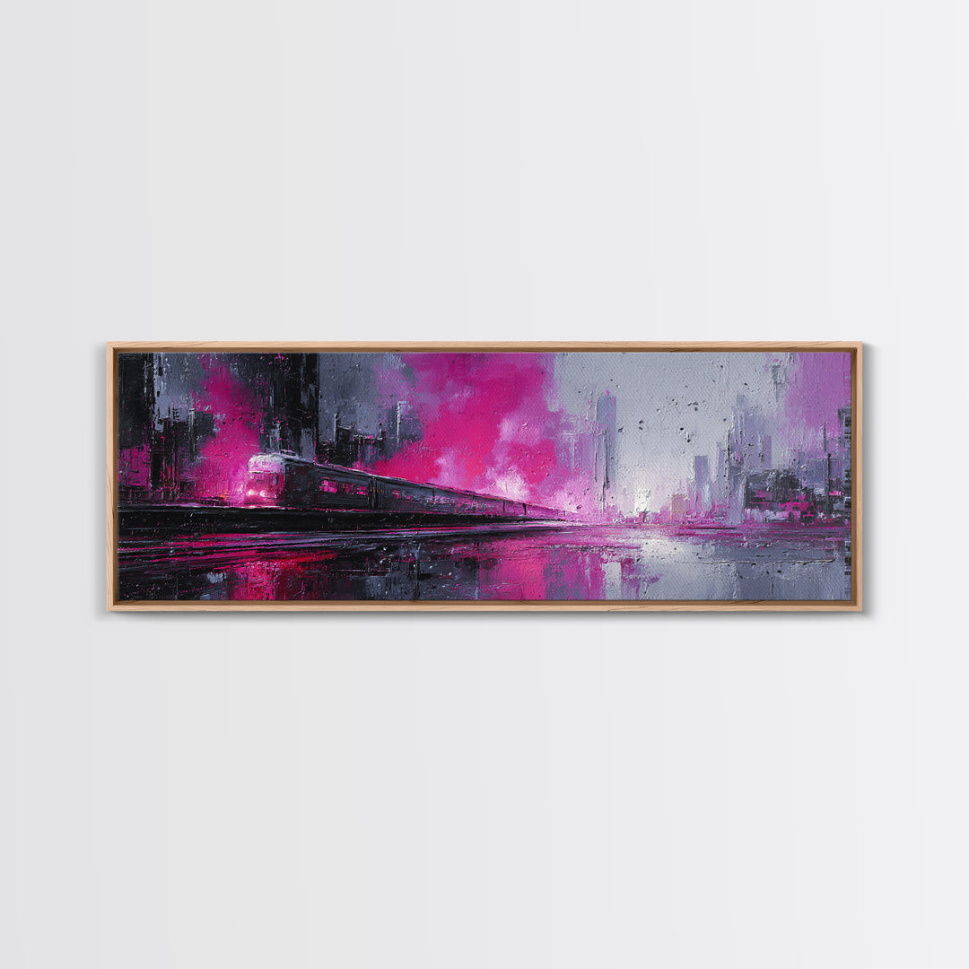 City Train Rushing Through Pink Electric Haze Framed Canvas Print, Cyberpunk Art, Minimalist Poster, Living Room Decor, Neon, CYB-3x1-53