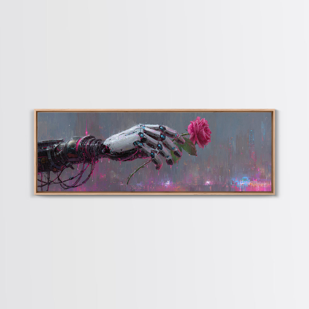 Robotic Hand Holding a Real Rose Framed Canvas Print, Cyberpunk Art, Minimalist Decor, Living Room Decor, Fine Art, Neon, CYB-3x1-56