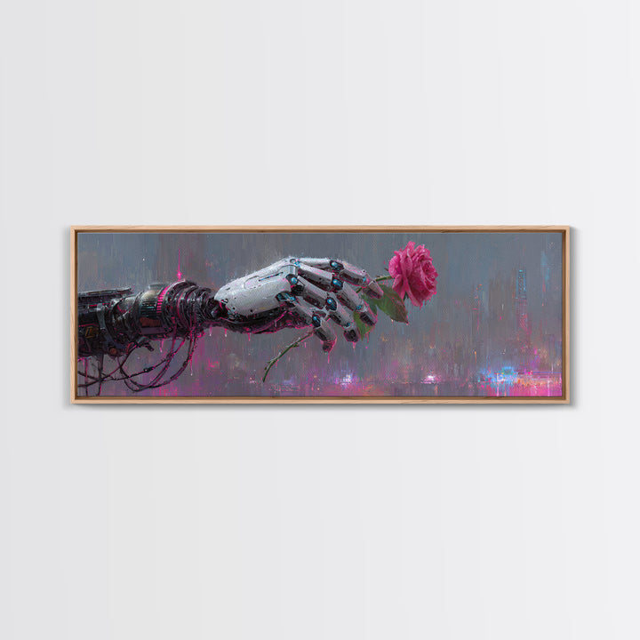 Robotic Hand Holding a Real Rose Framed Canvas Print, Cyberpunk Art, Minimalist Decor, Living Room Decor, Fine Art, Neon, CYB-3x1-56