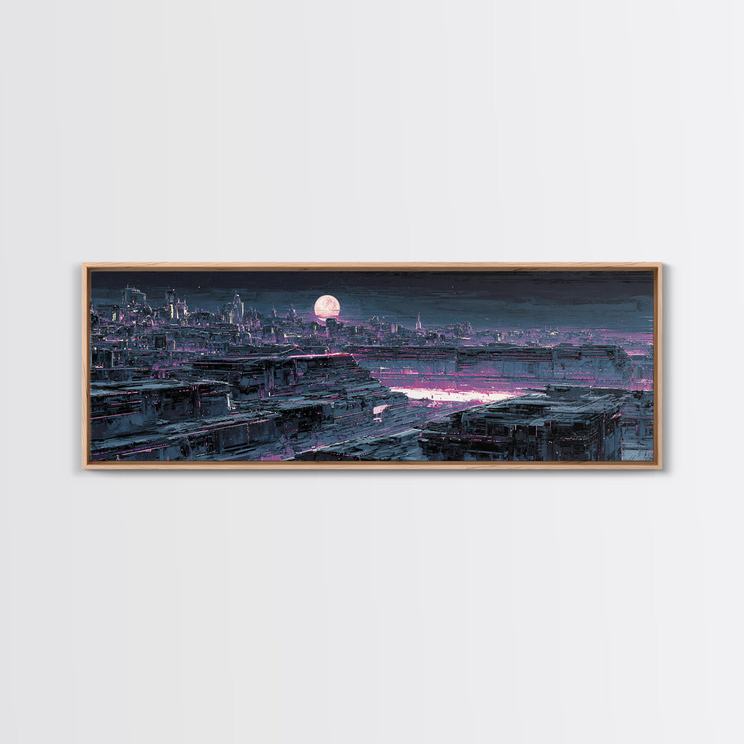 Dystopian Moon over Dense Rooftops Framed Canvas Print, Cyberpunk Art, Blue Wall Art, Living Room Decor, Fine Art, Neon, CYB-3x1-58