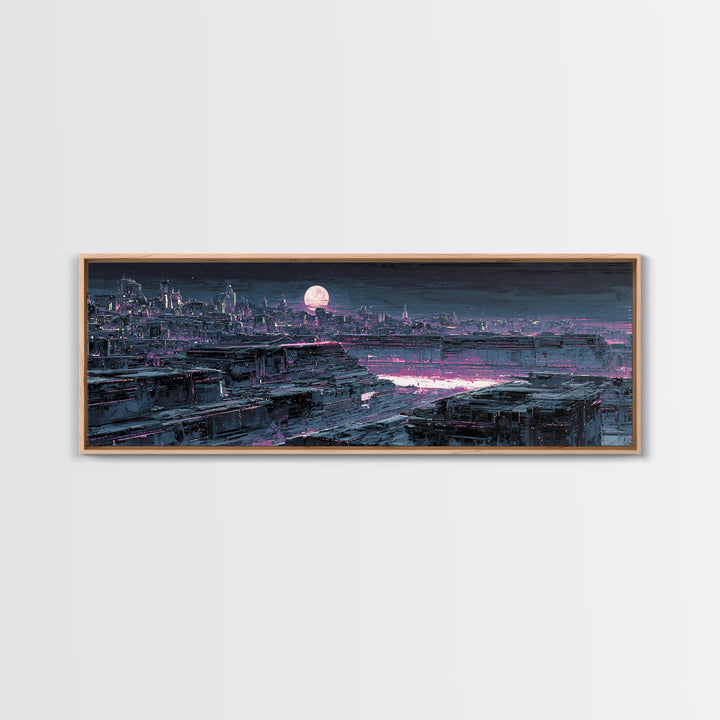 Dystopian Moon over Dense Rooftops Framed Canvas Print, Cyberpunk Art, Blue Wall Art, Living Room Decor, Fine Art, Neon, CYB-3x1-58