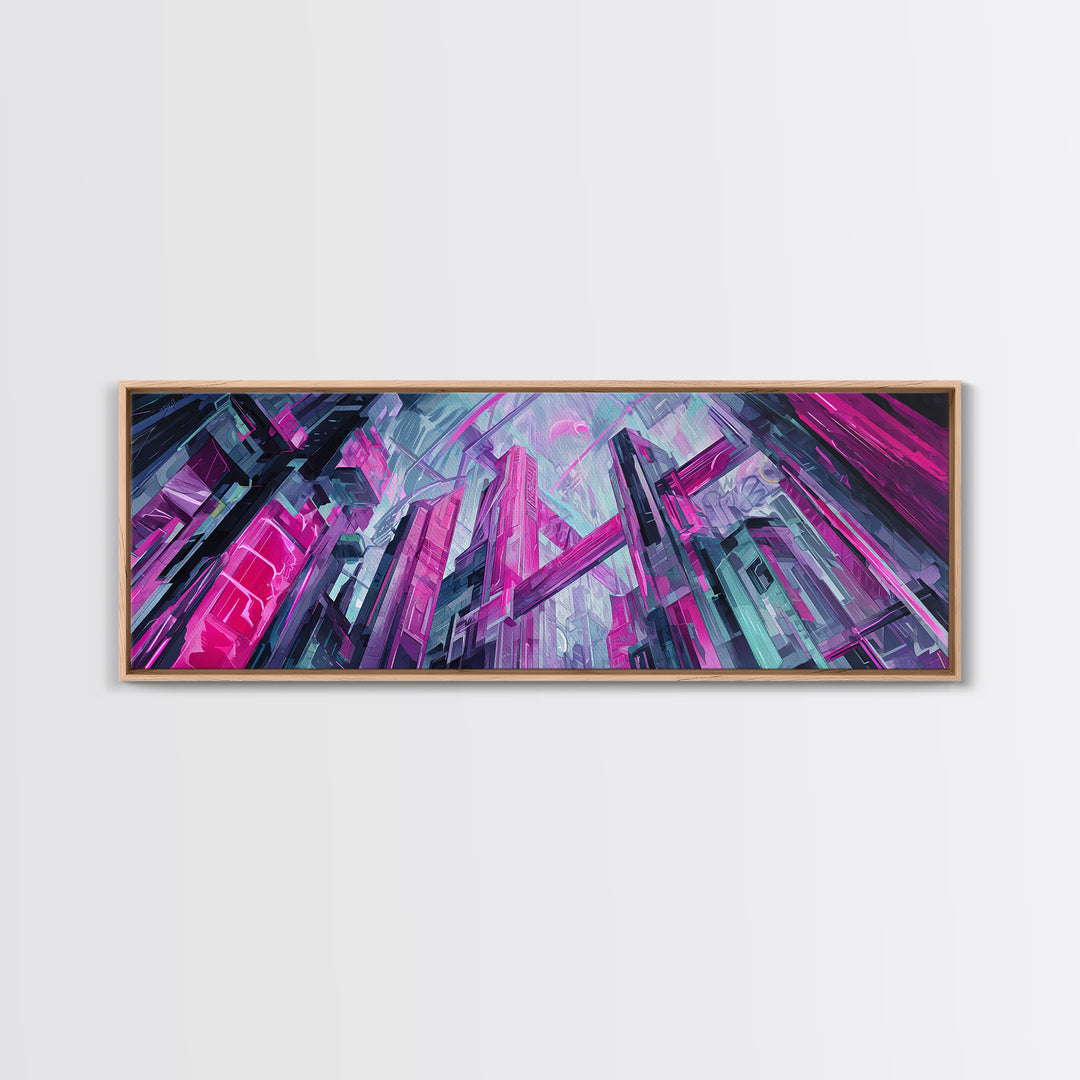 Neon Dragon Wrapped Around Skyscraper Shapes Canvas Print, Cyberpunk Art, Urban Wall Art, Living Room Decor, Abstract Art, Neon, CYB-3x1-6