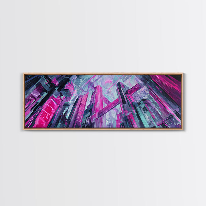 Neon Dragon Wrapped Around Skyscraper Shapes Canvas Print, Cyberpunk Art, Urban Wall Art, Living Room Decor, Abstract Art, Neon, CYB-3x1-6
