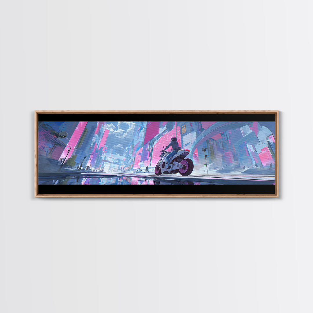 Motorcycle Rider under Holographic Signs Framed Canvas Print, Cyberpunk Art, Home Decor, Living Room Decor, Fine Art, Neon, CYB-3x1-68