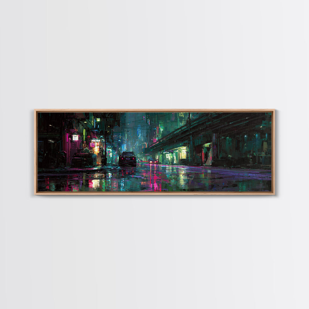 Rain Soaked Alley Framed Canvas Print, Cyberpunk Art, Poster, Living Room Decor, Fine Art, Neon, Modern Wall Art, Japanese Art, CYB-3x1-72