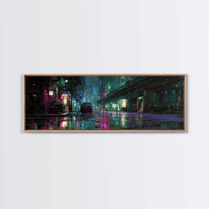 Rain Soaked Alley Framed Canvas Print, Cyberpunk Art, Poster, Living Room Decor, Fine Art, Neon, Modern Wall Art, Japanese Art, CYB-3x1-72