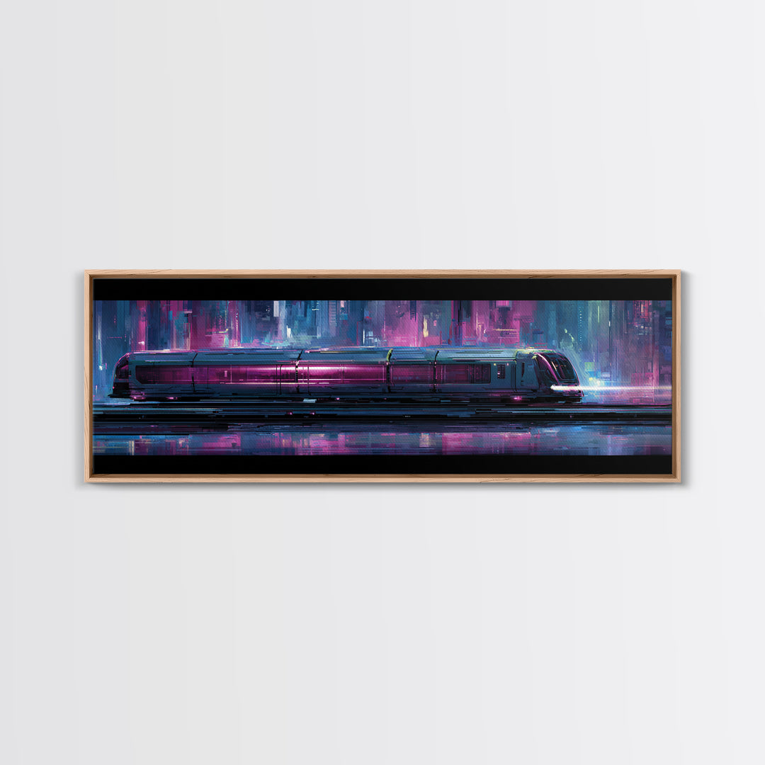 City Train Rushing Through Pink Electric Haze Framed Canvas Print, Cyberpunk Art, Minimalist Poster, Living Room Decor, Neon, CYB-3x1-77