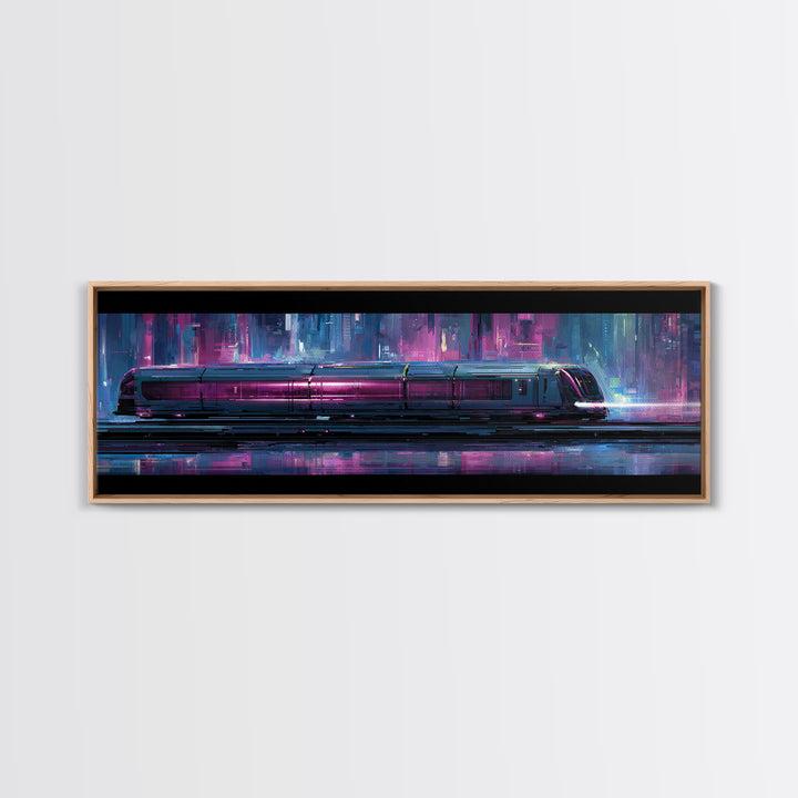 City Train Rushing Through Pink Electric Haze Framed Canvas Print, Cyberpunk Art, Minimalist Poster, Living Room Decor, Neon, CYB-3x1-77