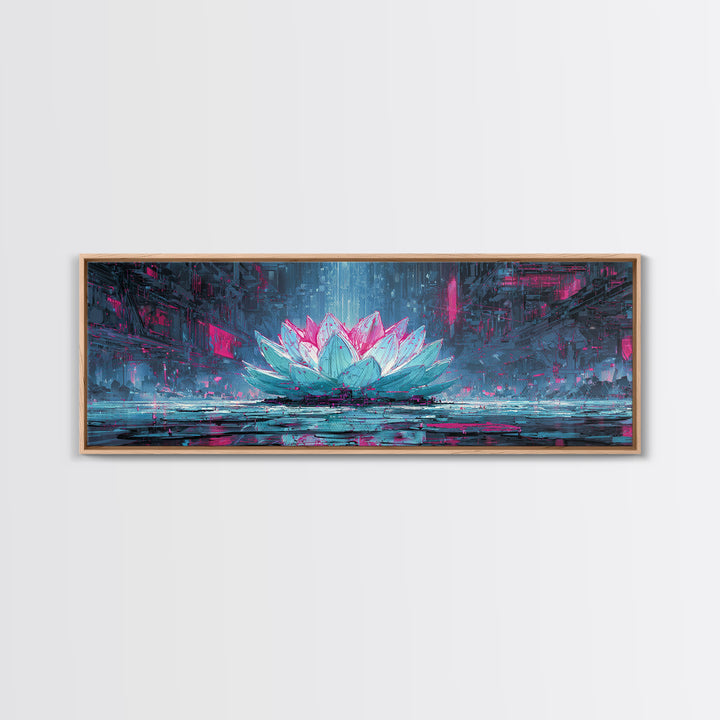 Electric Lotus Flower Framed Canvas Print, Cyberpunk Art, Cyberpunk Tarot, Living Room Decor, Watercolor Art, Neon, CYB-3x1-81