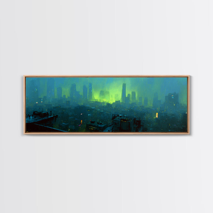 Dystopian Moon over Dense Rooftops Framed Canvas Print, Cyberpunk Art, Blue Wall Art, Living Room Decor, Fine Art, Neon, CYB-3x1-82