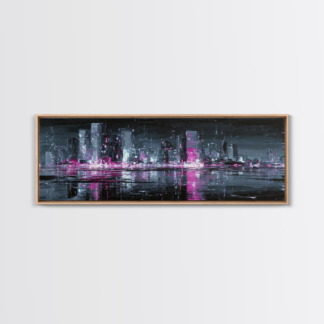 Neon Skyline Reflected Canvas Print, Cyberpunk Art, Japanese Art, Living Room Decor, Abstract Art, Neon, Cyberpunk Tarot, CYB-3x1-86