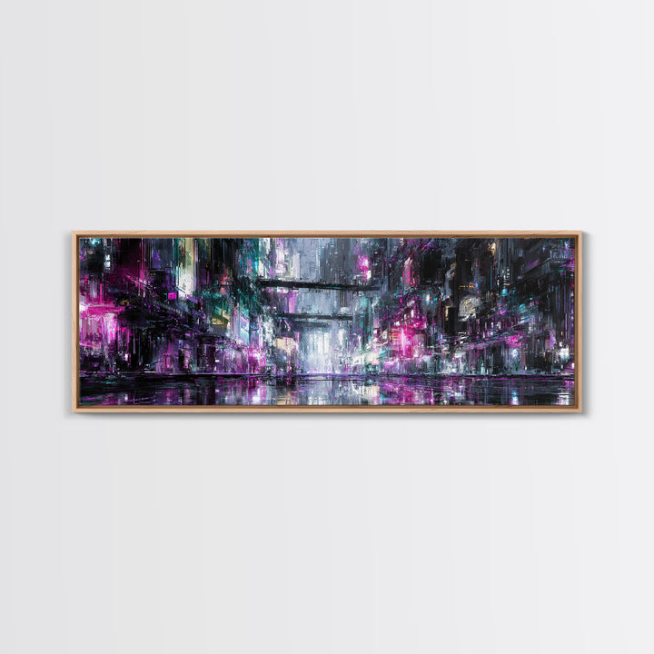 Rain Soaked Alley Canvas Print, Cyberpunk Art, Textured Painting, Living Room Decor, Abstract Art, Neon, Digital Wall Art, CYB-3x1-96