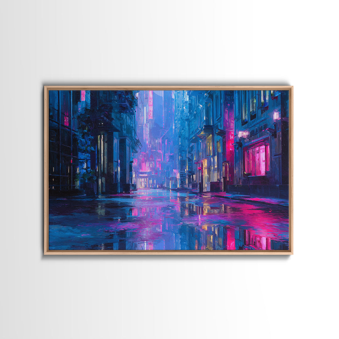 Rain Soaked Alley Canvas Print, Cyberpunk Art, Digital Art Print, Living Room Decor, Fine Art, Neon, Statement Artwork, CYB-3x2-12