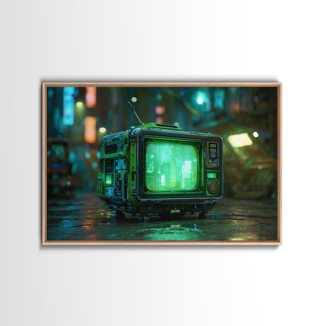 Retro Arcade Dystopia Framed Canvas Print, Cyberpunk Art, Abstract Art, Living Room Decor, Fine Art, Neon, Urban Wall Art, CYB-3x2-14