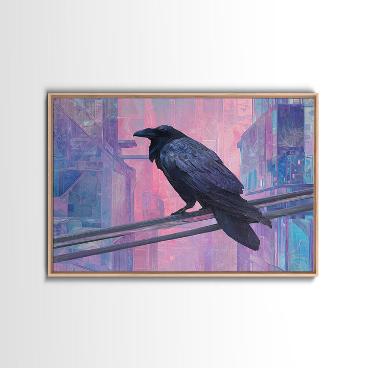 Cybernetic Raven Perched on a Cable Framed Canvas Print, Cyberpunk Art, Digital Download Art, Living Room Decor, Fine Art, Neon, CYB-3x2-15