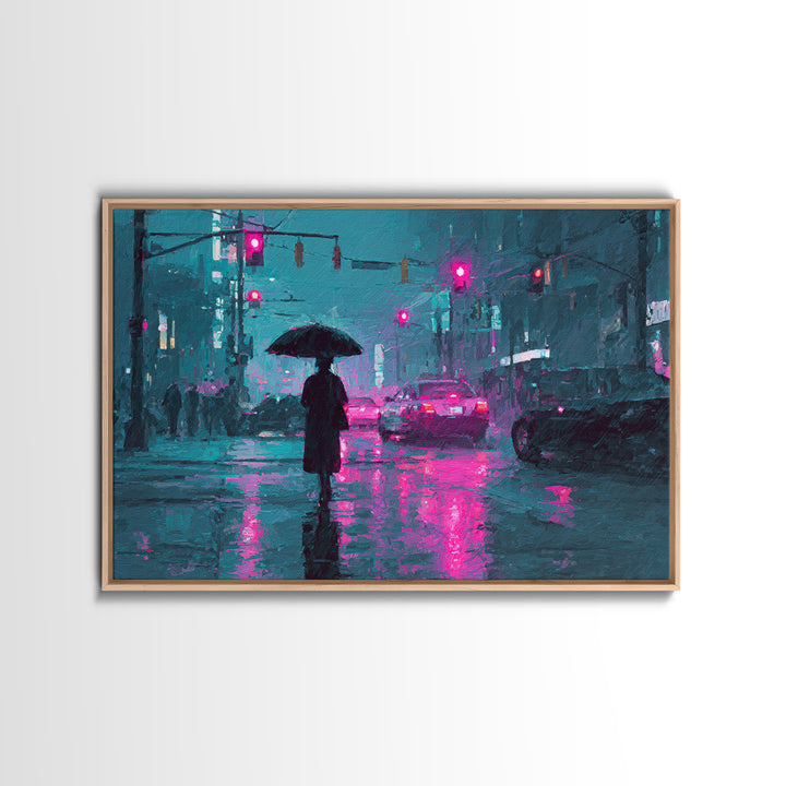 Glowing Umbrella Figure Framed Canvas Print, Cyberpunk Art, Statement Artwork, Living Room Decor, Fine Art, Neon, Art Print, CYB-3x2-19
