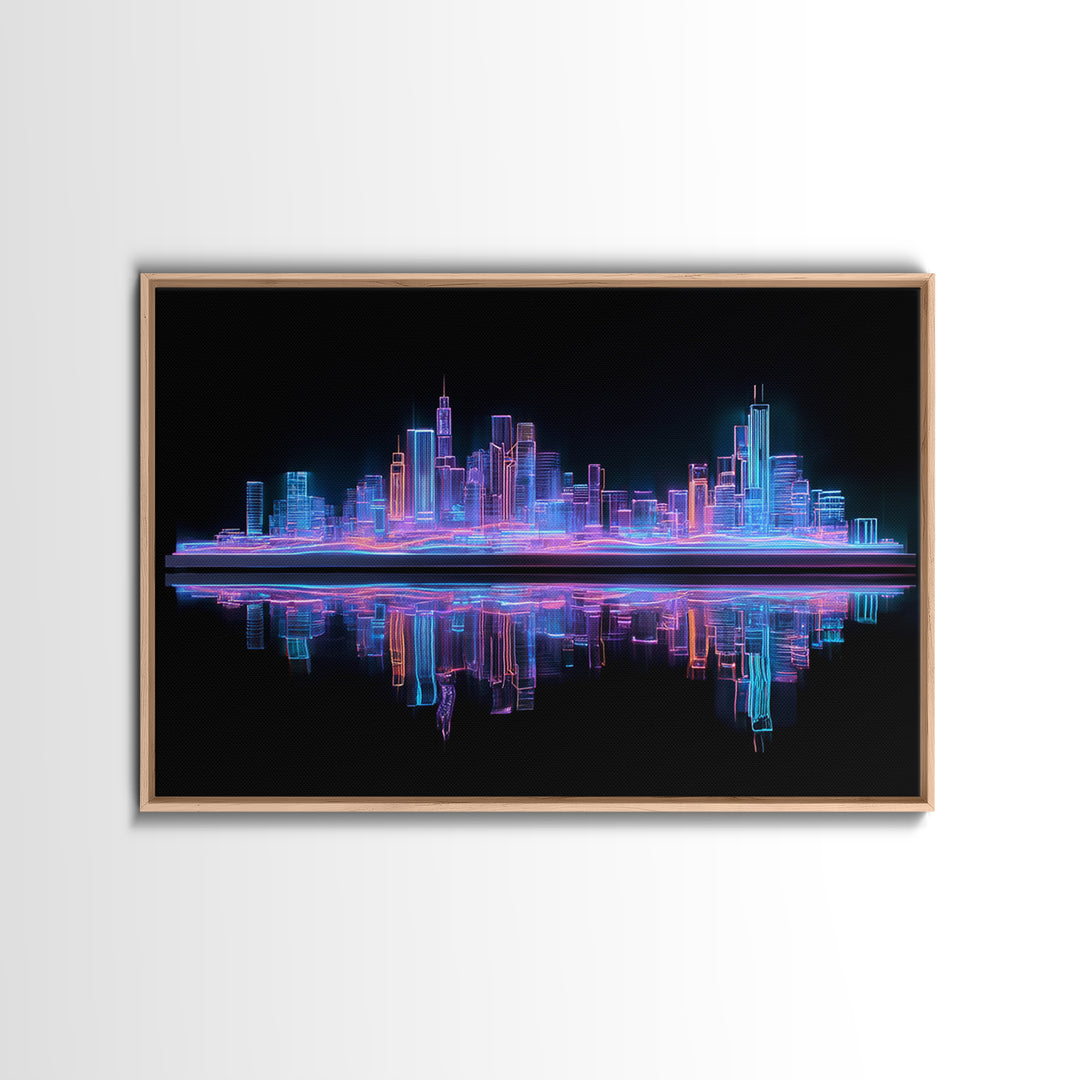 Neon Skyline Reflected Framed Canvas Print, Cyberpunk Art, Gothic Decor, Living Room Decor, Abstract Art, Neon, CYB-3x2-2