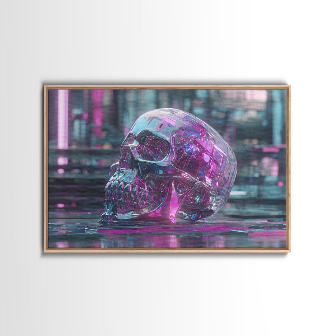 Cyberpunk Skull with Chrome and Violet Light Framed Canvas Print, Cyberpunk Art, Urban Wall Art, Living Room Decor, Neon, CYB-3x2-24