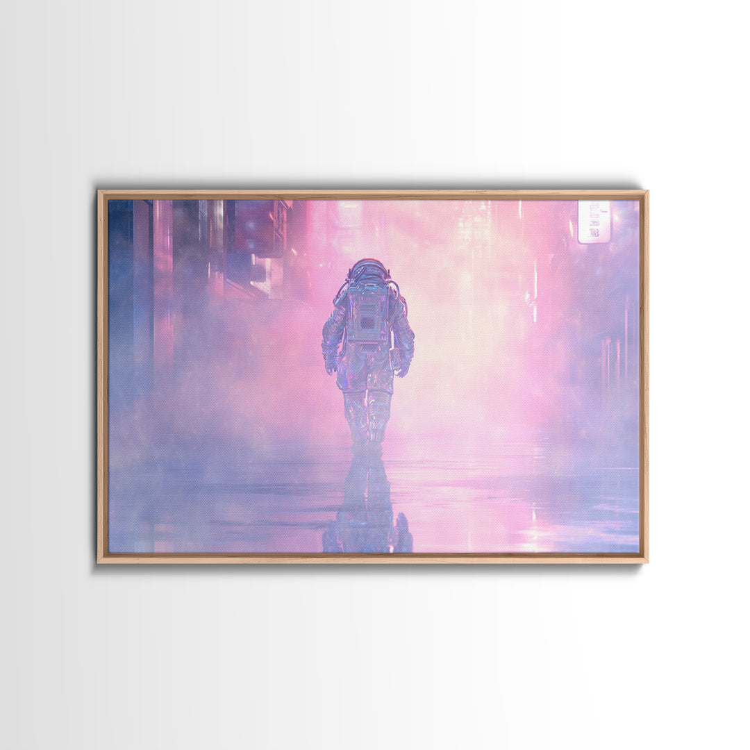Astronaut Street Wanderer Framed Canvas Print, Cyberpunk Art, Gallery Decor, Living Room Decor, Fine Art, Neon, Wall Art, CYB-3x2-27
