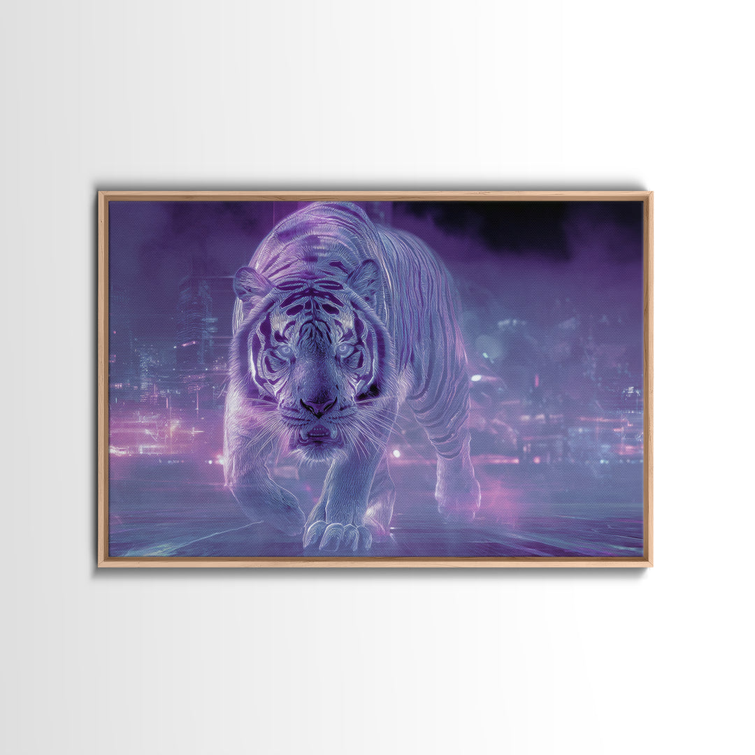 Neon Tiger Emerging from Digital Fog Canvas Print, Cyberpunk Art, Fantasy Art, Living Room Decor, Oil Painting, Neon, CYB-3x2-37