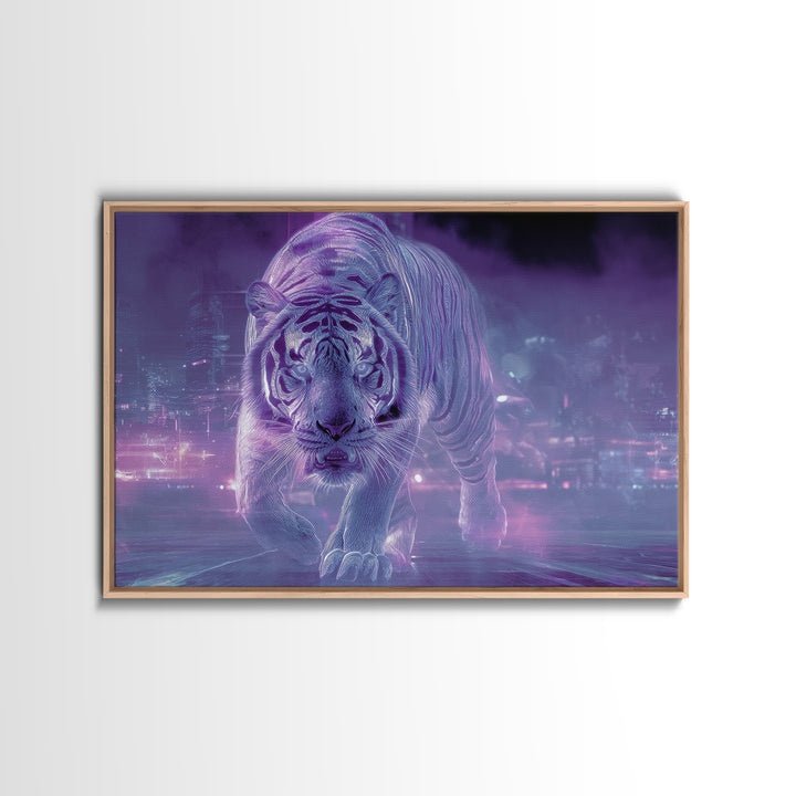Neon Tiger Emerging from Digital Fog Canvas Print, Cyberpunk Art, Fantasy Art, Living Room Decor, Oil Painting, Neon, CYB-3x2-37