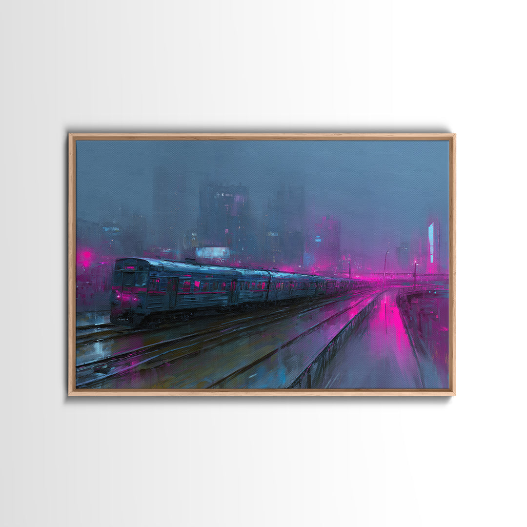 City Train Rushing Through Pink Electric Haze Canvas Print, Cyberpunk Art, Modern Wall Decor, Living Room Decor, Neon, CYB-3x2-41
