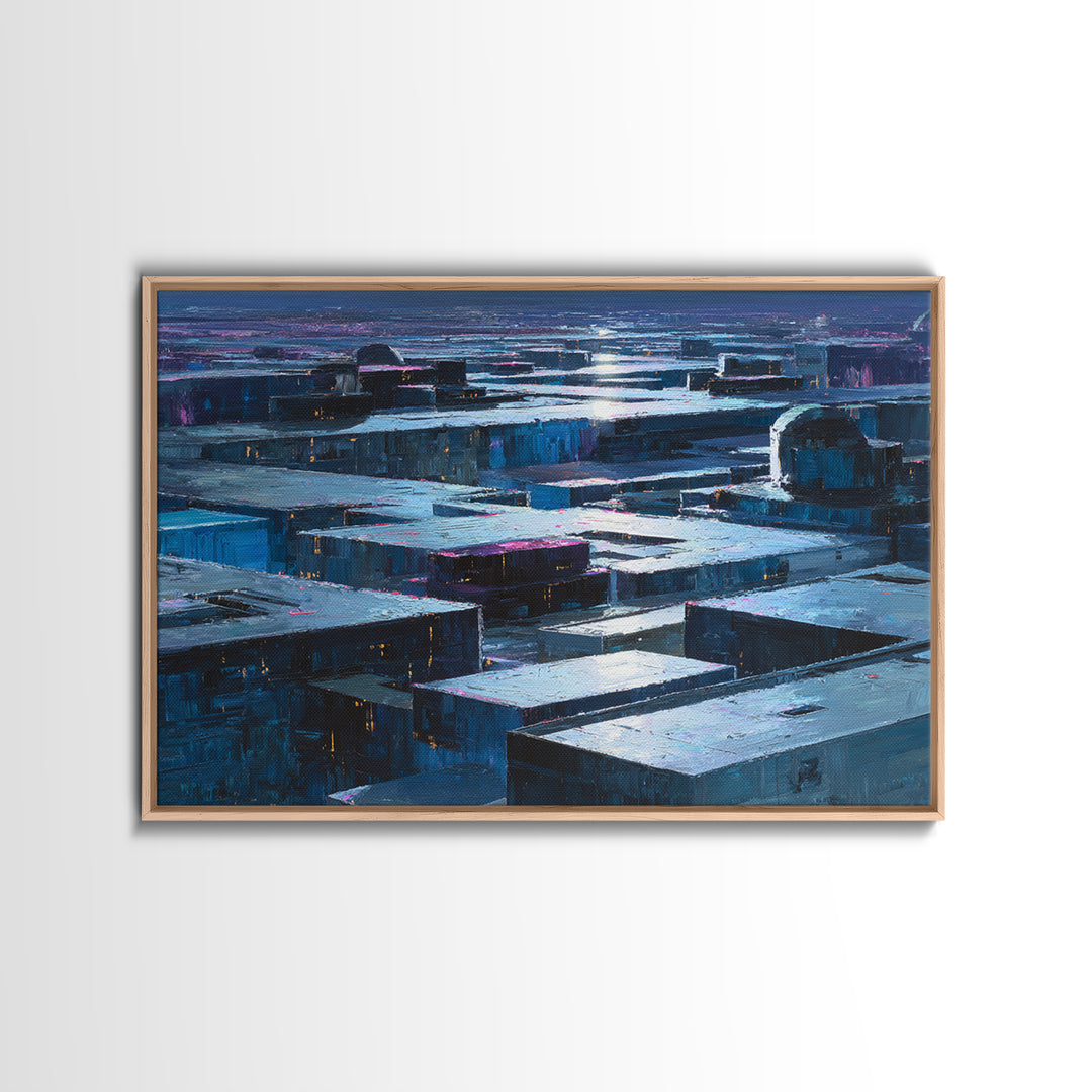 Dystopian Moon over Dense Rooftops Framed Canvas Print, Cyberpunk Art, Cyberpunk Decor, Living Room Decor, Fine Art, Neon, CYB-3x2-46