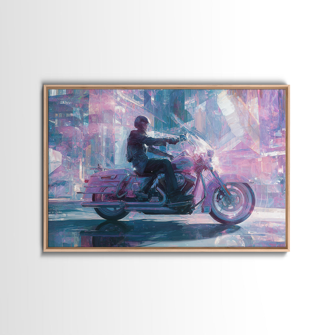 Motorcycle Rider under Holographic Signs Canvas Print, Cyberpunk Art, Room Decor, Living Room Decor, Neon 556, Cyberpunk, CYB-3x2-56