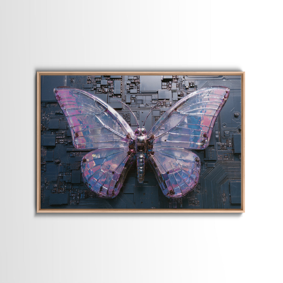 Holographic Butterfly over Black Metal Surface Framed Canvas Print, Cyberpunk Art, Modern Wall Decor, Living Room Decor, Neon, CYB-3x2-71