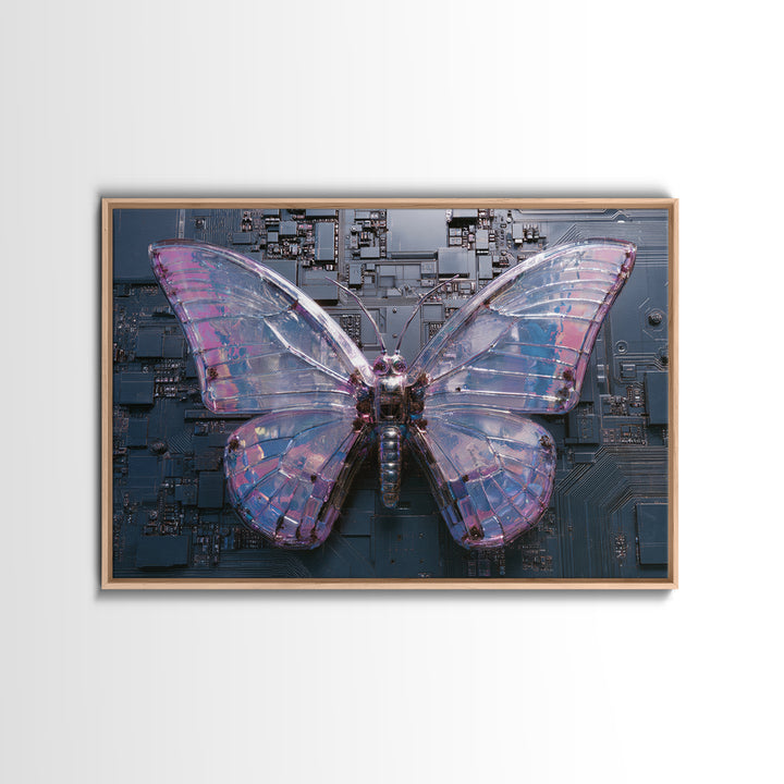 Holographic Butterfly over Black Metal Surface Framed Canvas Print, Cyberpunk Art, Modern Wall Decor, Living Room Decor, Neon, CYB-3x2-71