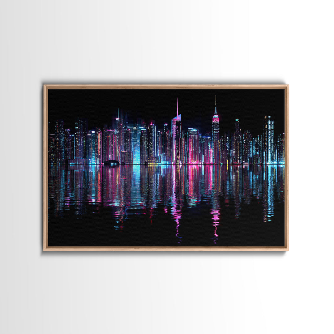 Neon Skyline Reflected Framed Canvas Print, Cyberpunk Art, Man Cave Decor, Living Room Decor, Fine Art, Neon, Fine Art Print, CYB-3x2-74
