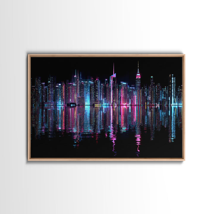 Neon Skyline Reflected Framed Canvas Print, Cyberpunk Art, Man Cave Decor, Living Room Decor, Fine Art, Neon, Fine Art Print, CYB-3x2-74