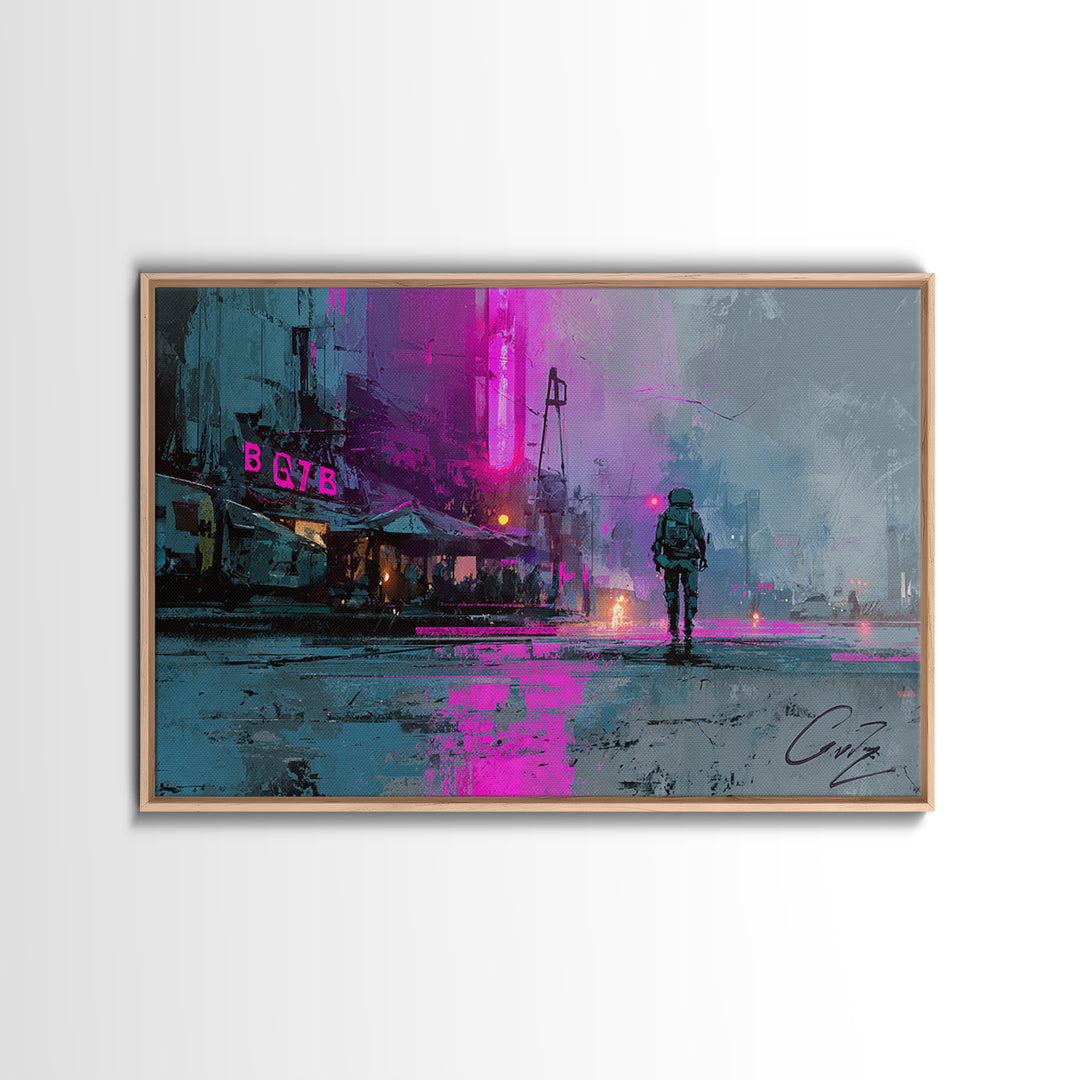 Astronaut Street Wanderer Canvas Print, Cyberpunk Art, Art Print, Living Room Decor, Neon, Blue Wall Art, Cool Wall Art, CYB-3x2-75