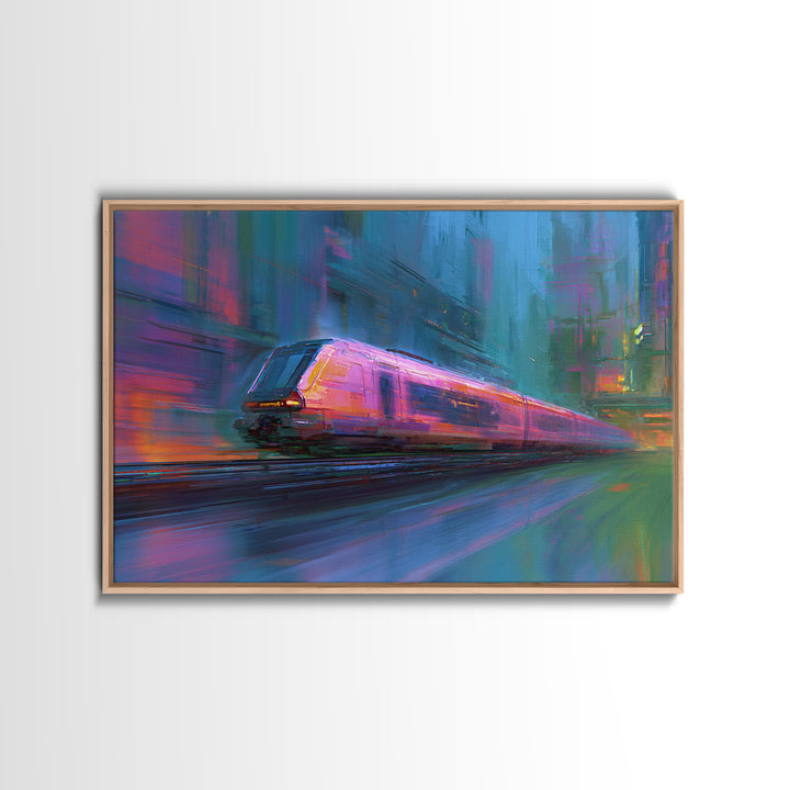 City Train Rushing Through Pink Electric Haze Canvas Print, Cyberpunk Art, Boho Decor, Living Room Decor, Oil Painting, Neon, CYB-3x2-89