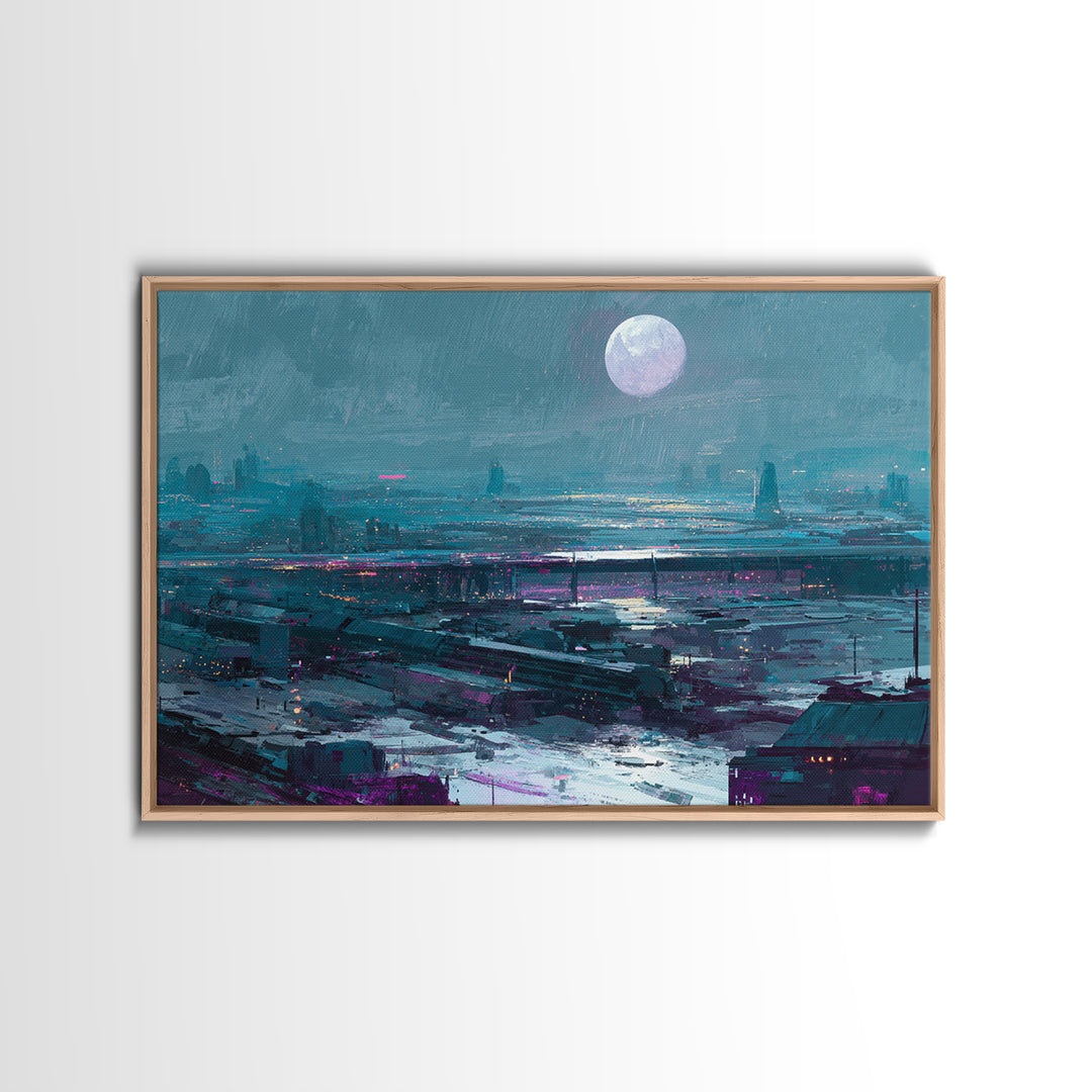 Dystopian Moon over Dense Rooftops Canvas Print, Cyberpunk Art, Cyberpunk Helmet, Living Room Decor, Abstract Art, Neon, CYB-3x2-94