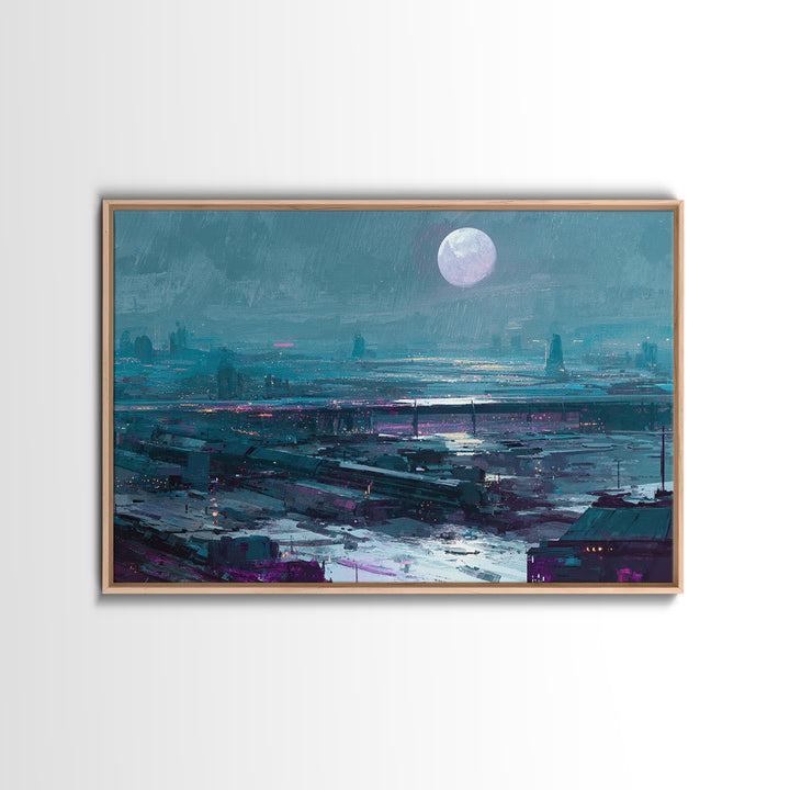 Dystopian Moon over Dense Rooftops Canvas Print, Cyberpunk Art, Cyberpunk Helmet, Living Room Decor, Abstract Art, Neon, CYB-3x2-94