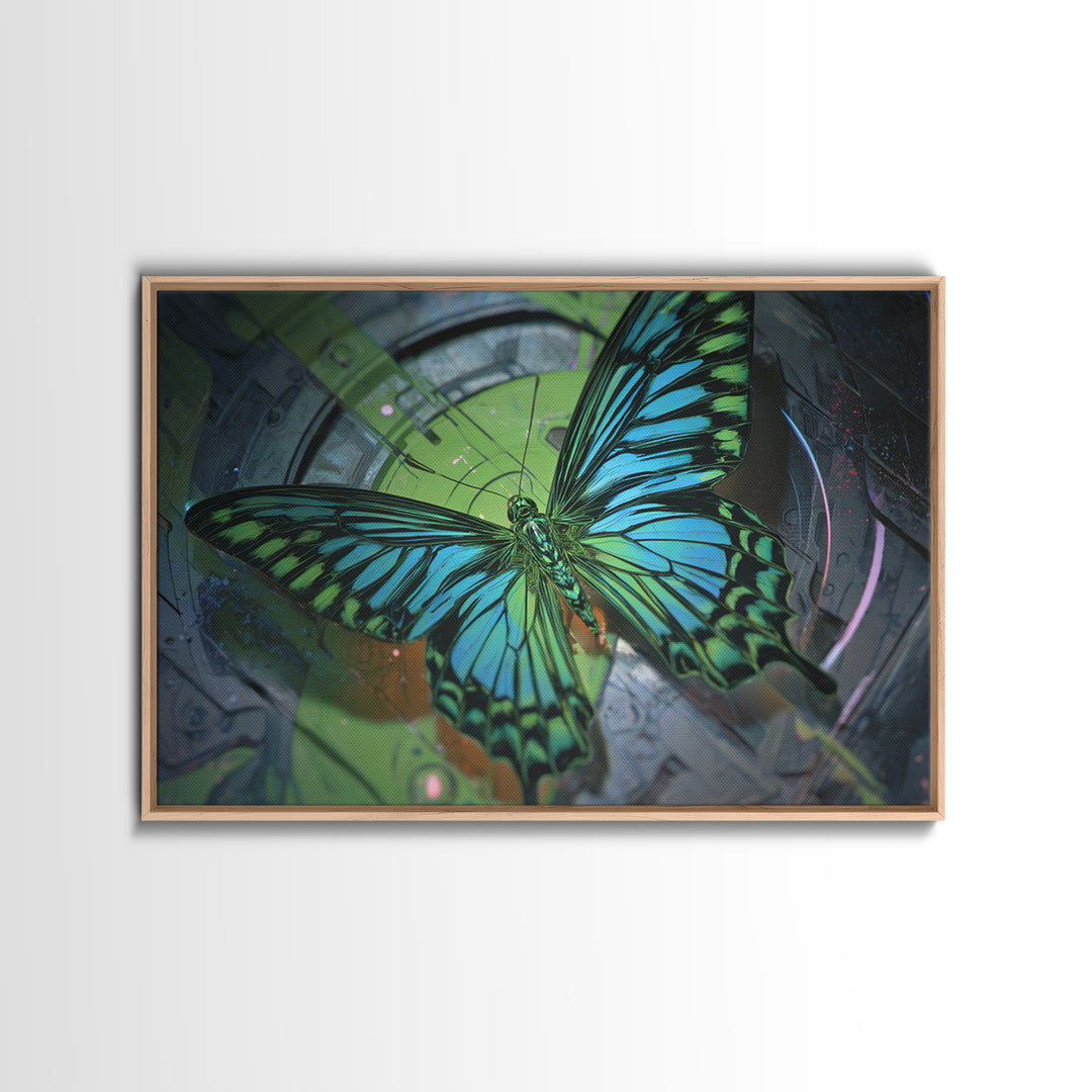 Holographic Butterfly over Black Metal Surface Framed Canvas Print, Cyberpunk Art, Gothic Decor, Living Room Decor, CYB-3x2-95