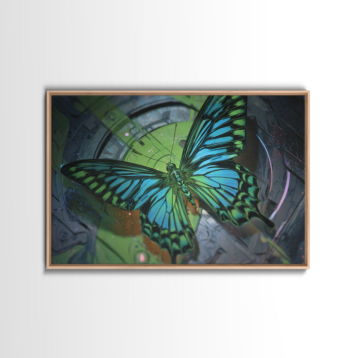 Holographic Butterfly over Black Metal Surface Framed Canvas Print, Cyberpunk Art, Gothic Decor, Living Room Decor, CYB-3x2-95