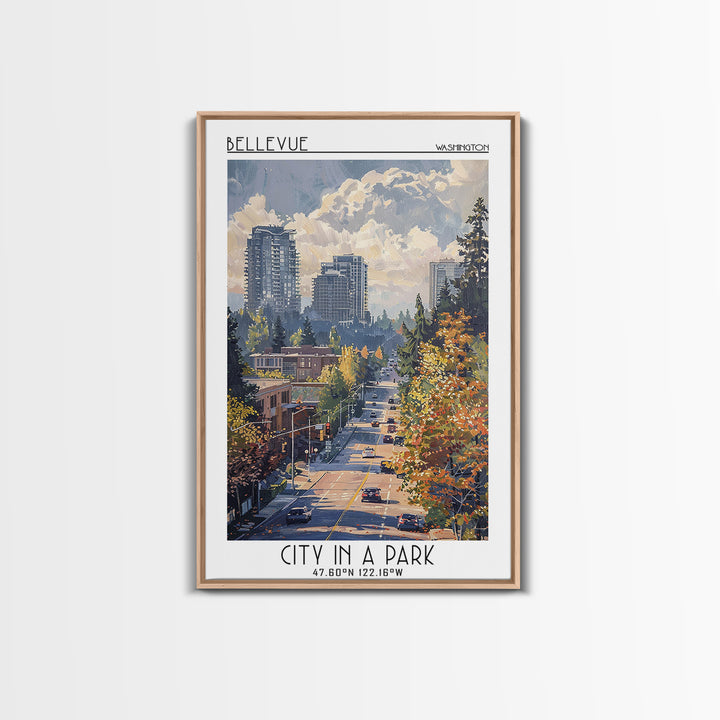 Bellevue Travel Poster, Framed Canvas Print, City Art Print, Travel Wall Art, Vintage Travel, Travel Art Print, Mid Century Wall Art